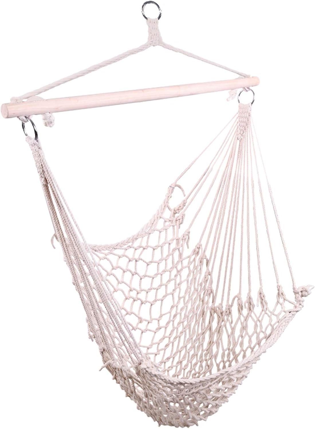 Hamaca colgante al aire libre con cuerda de algodón y barra de madera, macramé beige, silla grande de airecielo, porche, capacidad de 250 libras