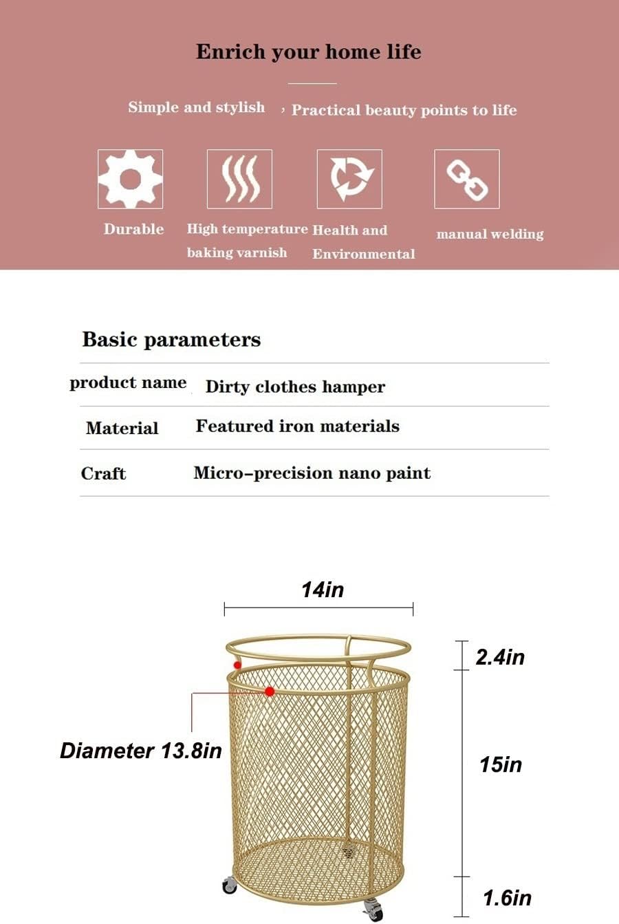 Cesta de lavandería con ruedas, cesta de metal para organizador de habitaciones, contenedores de almacenamiento de ropa sucia de malla redonda para