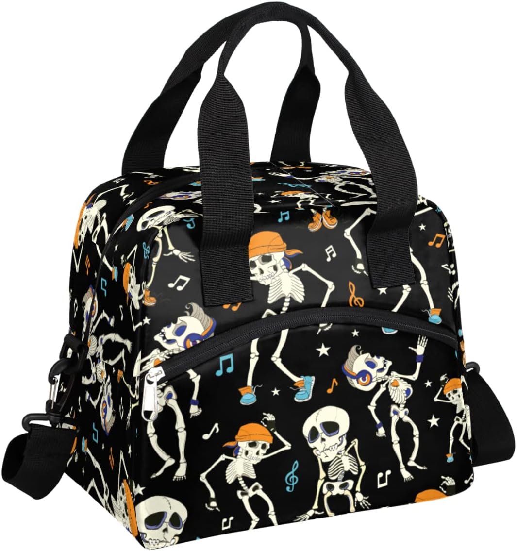 Bolsas de almuerzo aisladas con diseño de esqueleto bailarín para mujeres y hombres, adultos, día de los muertos, bolsa térmica reutilizable con