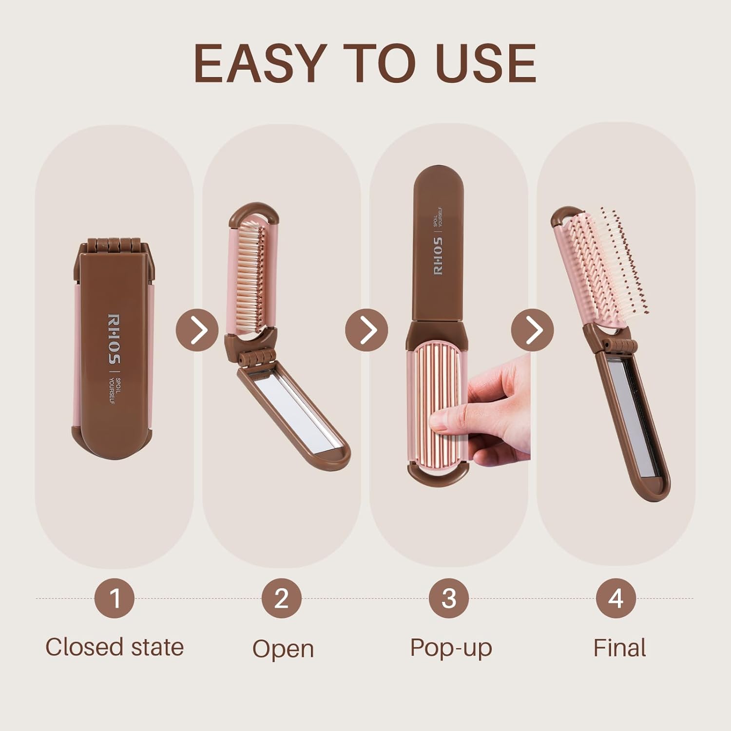 Cepillo plegable con espejo para mujeres, hombres y niños, mini cepillo de pelo portátil para bolso, cepillo de pelo de bolsillo pequeño con cerdas