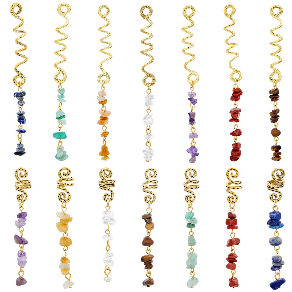 SUPERFINDINGS Pinza para el cabello, 14 piezas de 7 colores trenzas, joyería para el cabello con colgante de piedra natural, joyería de cristal en