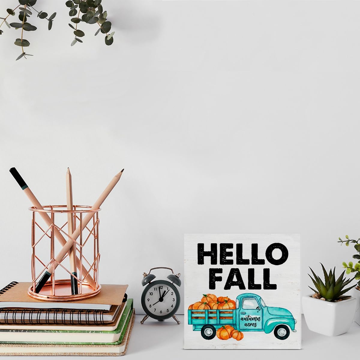 Cartel de madera de otoño para decoración del hogar, letrero cuadrado de madera con texto en inglés “Hello Fall”, letrero de madera para escritorio,