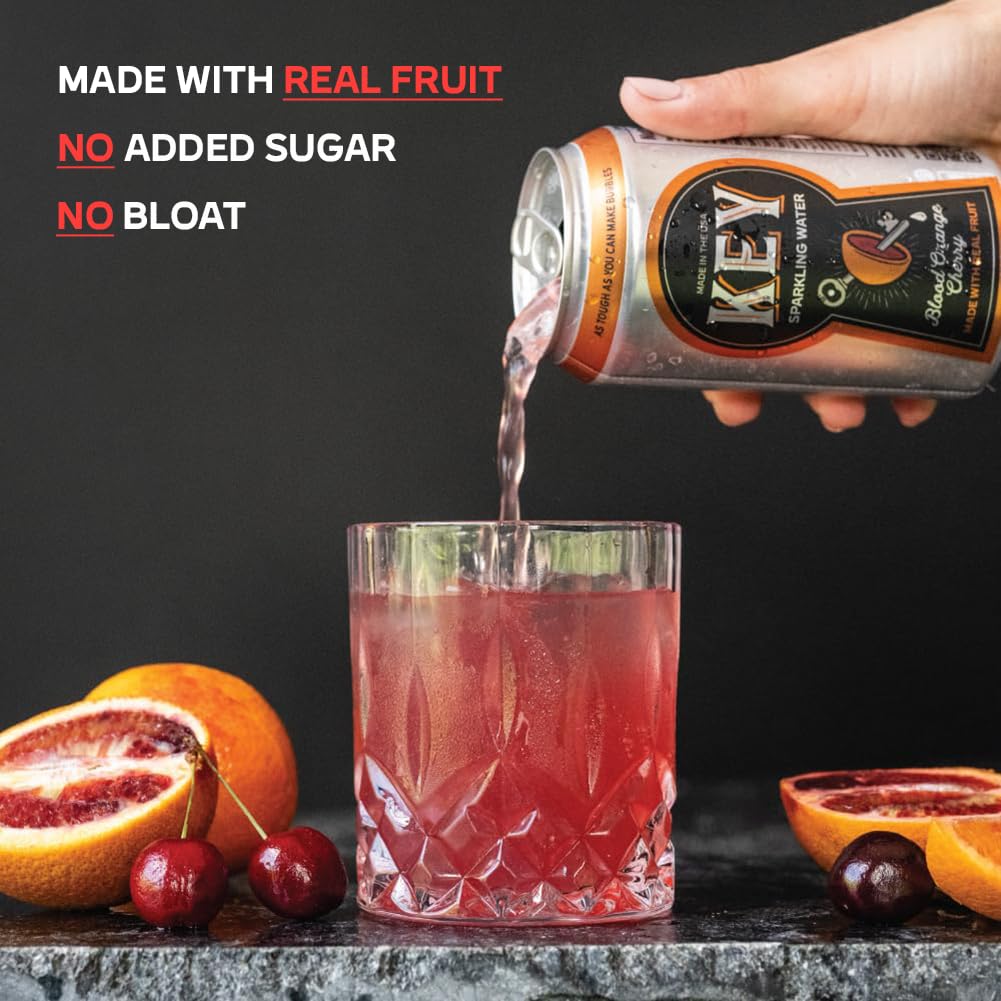 Key Sparkling Water  cereza de naranja sanguina  Agua con gas saborizada hecha con fruta real  Sin azúcar añadido, agua seltzer  lata de 12 onzas