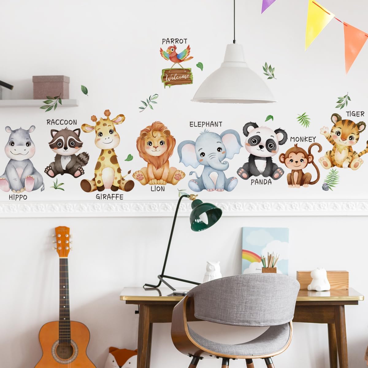 3 hojas de calcomanías de pared de animales de la selva, diseño de safari de dibujos animados, diseño de animales salvajes, bricolaje, extraíble,