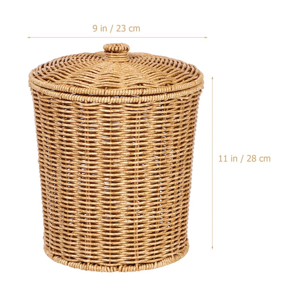 Cabilock Cesta de basura redonda de ratán con tapa, papelera tejida, papelera, contenedor de basura, contenedores de flores, macetas, cestas de