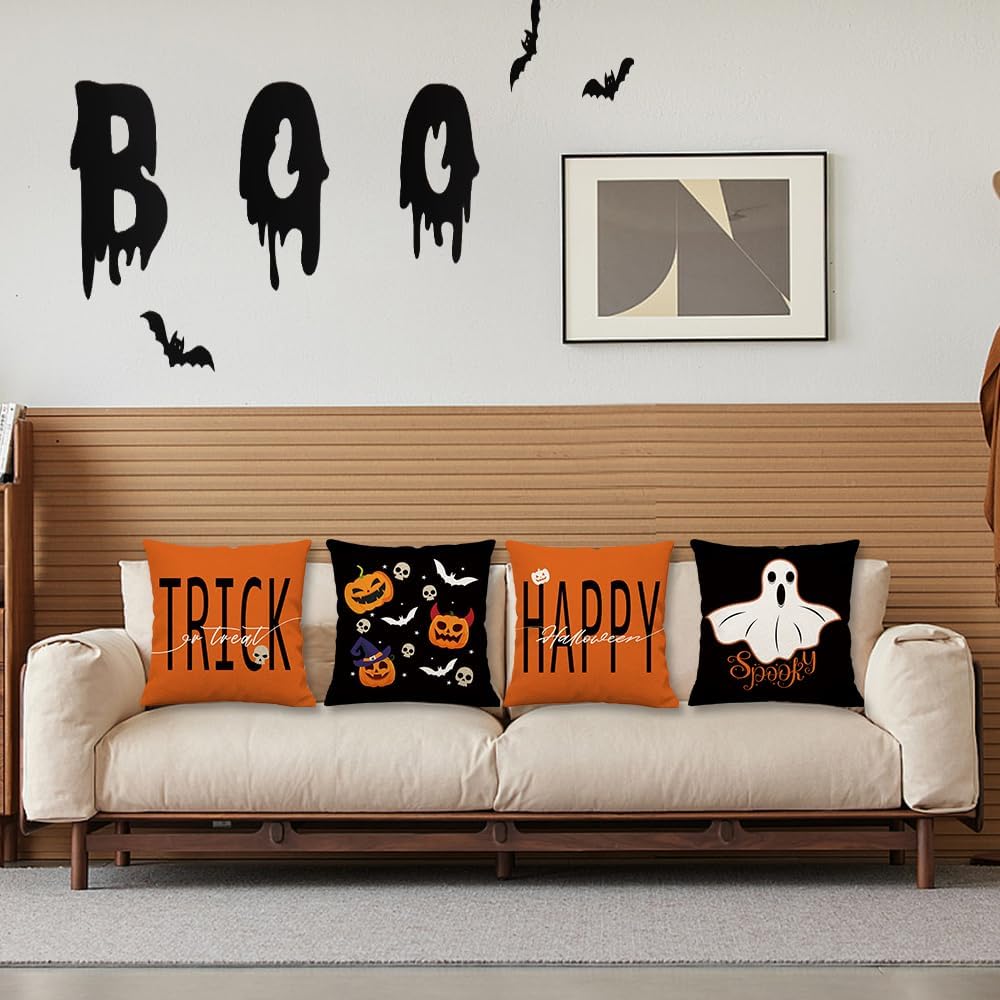 BOFKYIC Juego de 4 fundas de almohada de 18 x 18 pulgadas con texto en inglés Happy Halloween con texto en inglés Truco o trato con diseño de