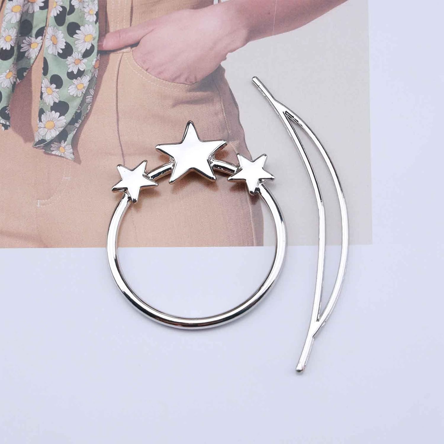 Palo de pelo con estrella bohemia plateada, pasador de pelo de estrella de círculo, pasador de pelo de estrella de metal, tobogán para el cabello,