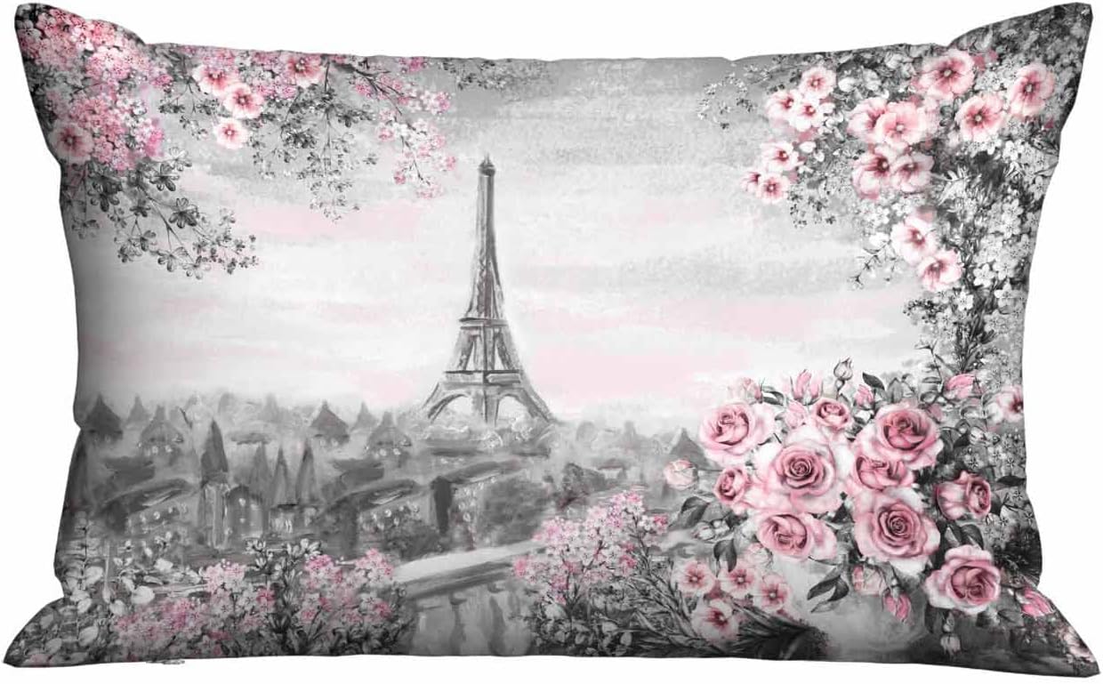 Funda de almohada de la Torre Eiffel con acuarela rosa rosa, funda de cojín de 20 x 30 pulgadas para el hogar, sofá, dormitorio, sala de estar, para