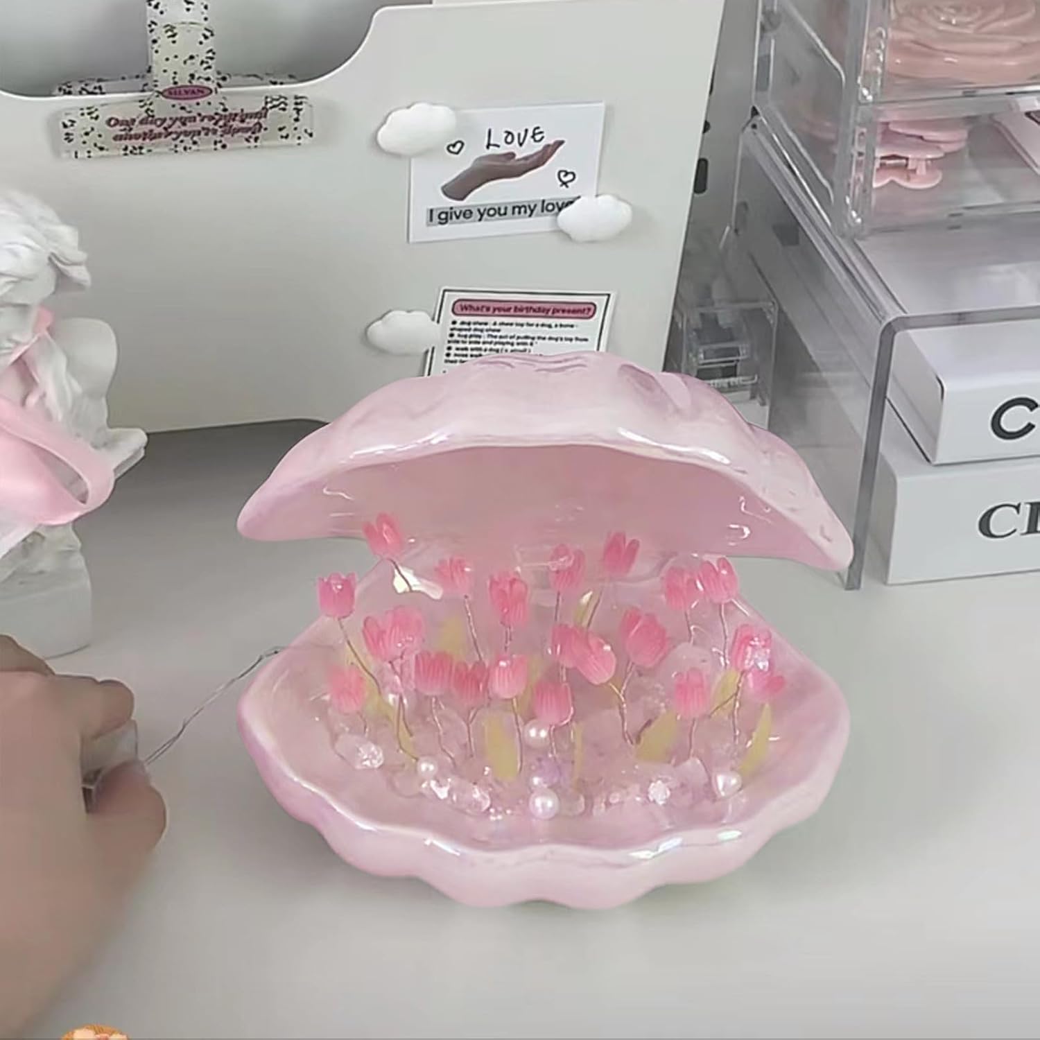 BestAlice Luz nocturna de tulipán, lámpara de flor de tulipán hecha a mano, lámpara de mesa de dormir de flores de simulación, luz LED romántica de