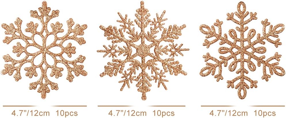 Adornos de plástico de copos de nieve con purpurina de 4.7 pulgadas30 unidades, decoraciones con cuerda de plata para colgar en el árbol de navidad,