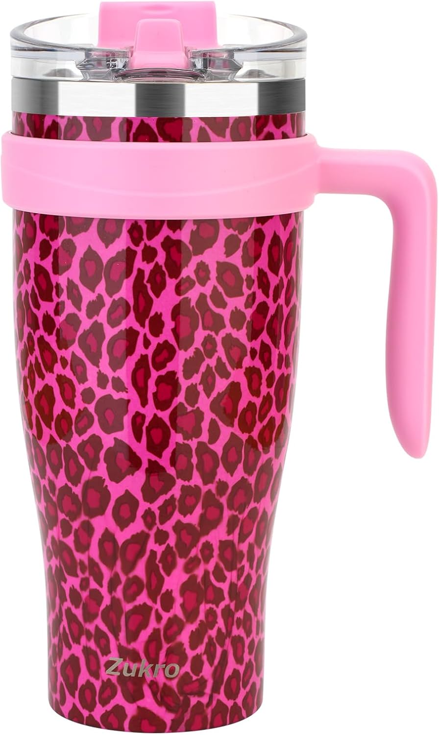 Zukro Vaso de 40 onzas con popote abatible y asa, a prueba de fugas de acero inoxidable aislado al vacío con tapa 2 en 1, cabe en el soporte para