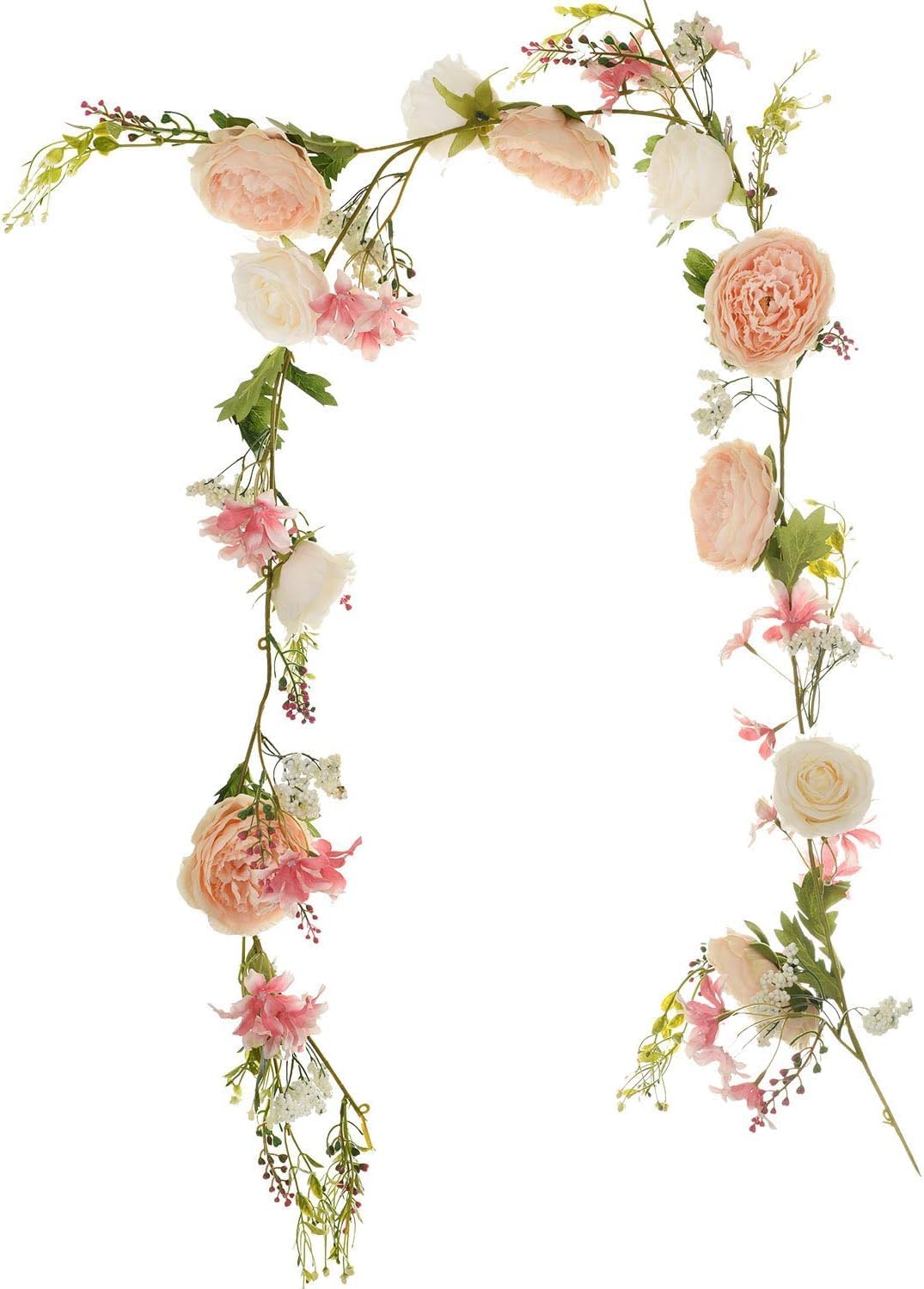 Artiflr Paquete de 2 guirnaldas de peonías artificiales, guirnalda de vegetación floral, guirnalda de rosas con flores de peonía mixtas y hojas
