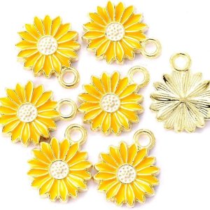 Paquete de 50 dijes esmaltados de girasol en tono dorado, cuentas para hacer joyas, aretes, collares, pulseras, accesorios, dijes de vino (amarillo) Paquete de 50 dijes esmaltados de girasol en tono dorado, cuentas para hacer joyas, aretes, collares, pulseras, accesorios, dijes de vino (amarillo)