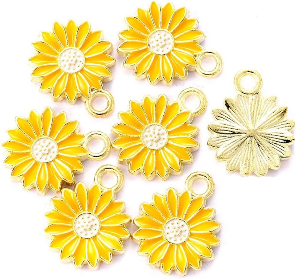 Paquete de 50 dijes esmaltados de girasol en tono dorado, cuentas para hacer joyas, aretes, collares, pulseras, accesorios, dijes de vino (amarillo)