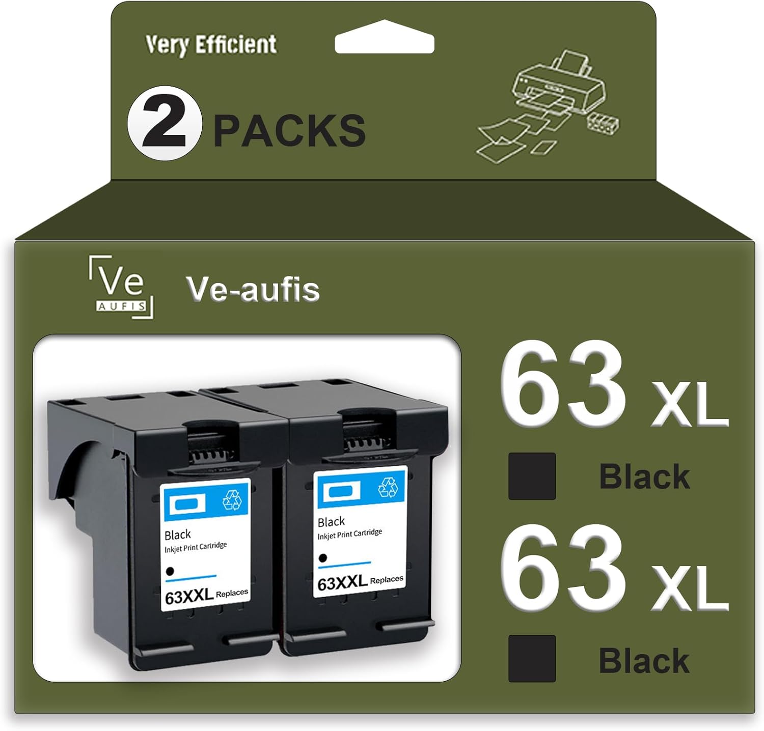 Paquete de 2 cartuchos de tinta negra 63 XL compatibles con cartuchos de tinta compatibles para HP 63XL Officejet 3830 4650 4652 4655 5200 5255 Envy