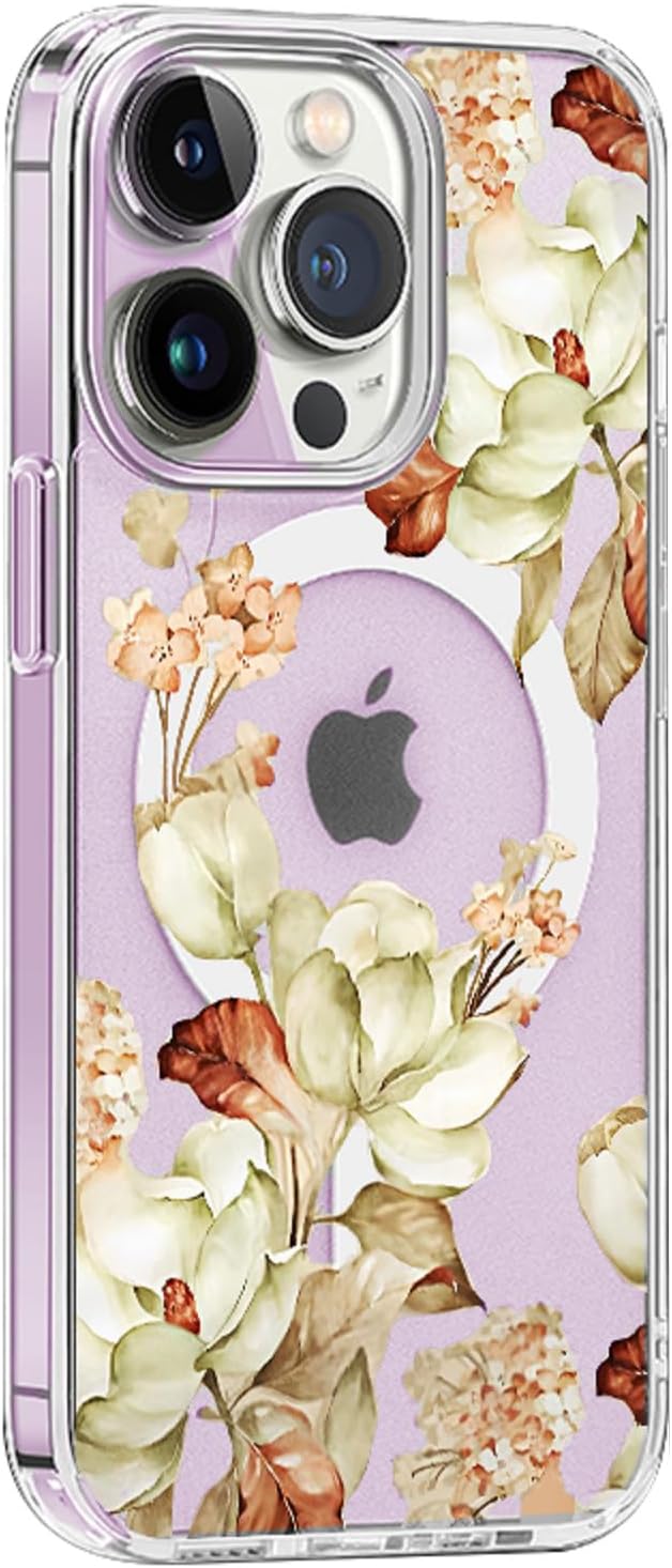 Funda Magsafe para iPhone 1212 Pro, diseño floral delgado lindo a prueba de golpes duro PC+TPU parachoques flor mujeres cubierta magnética