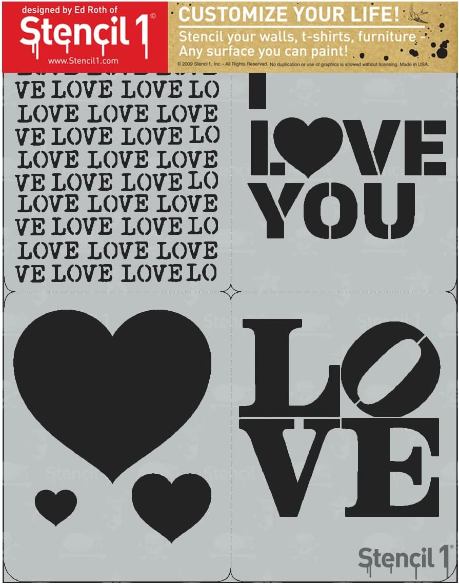 Stencil1 Juego de 4 plantillas de amor, corazones  Atractivas y duraderas plantillas reutilizables de calidad para pintar  Crea plantillas de