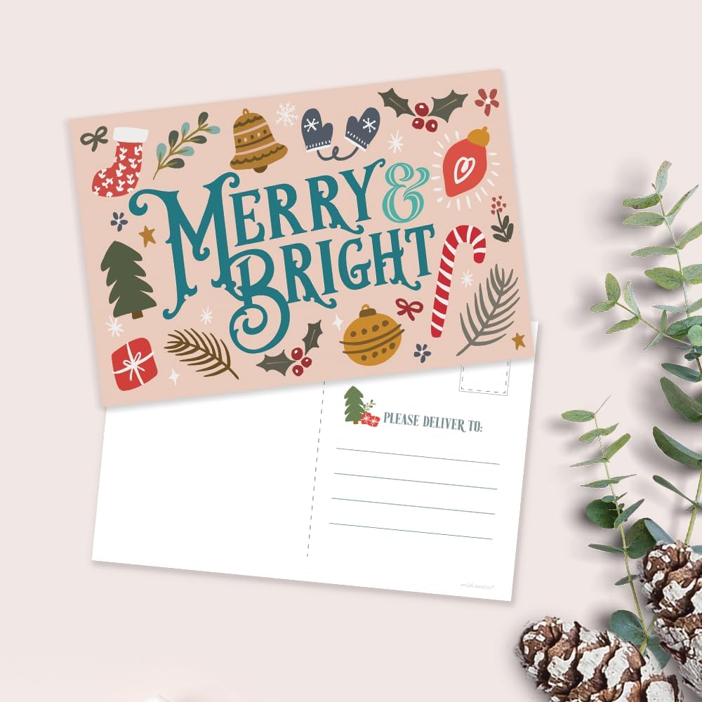 m&h invites Merry & Bright Postales navideñas saludos navideños  Bonitas postales ilustradas para el invierno  50 unidades