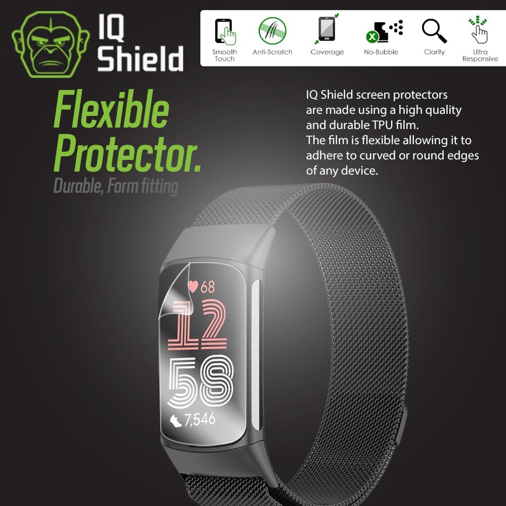 IQShield Protector de pantalla compatible con Fitbit Charge 6  Charge 5 (paquete de 6) película de TPU transparente antiburbujas