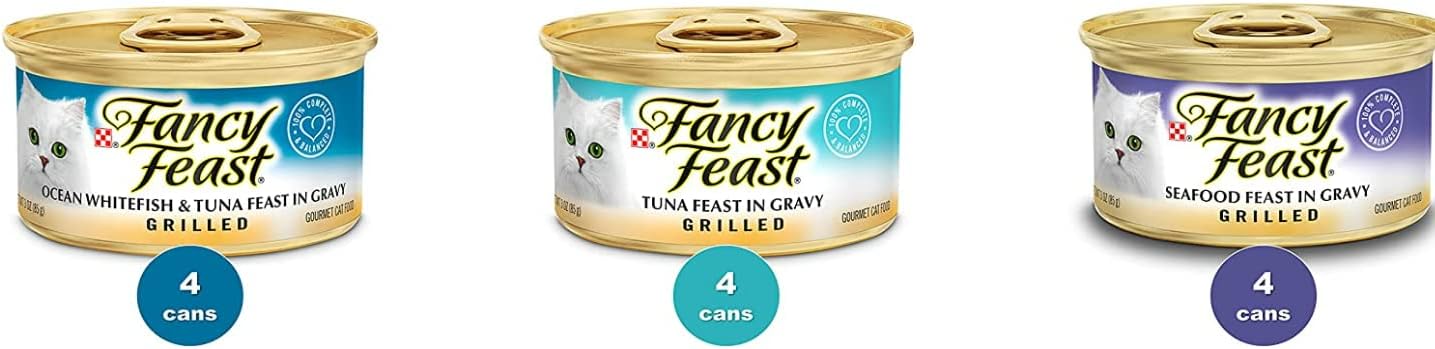 Fancy Feast – Paquete de comida húmeda para gatos a la parrilla, total 12 latas, 04 peces blancos del océano, 04 mariscos y 04 atún a la parrilla y