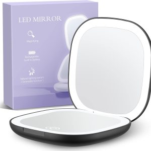 Gospire Espejo de maquillaje de viaje recargable de doble cara con luces y aumento 10X, espejo compacto LED con 3 colores de luz y brillo ajustable, Gospire Espejo de maquillaje de viaje recargable de doble cara con luces y aumento 10X, espejo compacto LED con 3 colores de luz y brillo ajustable,