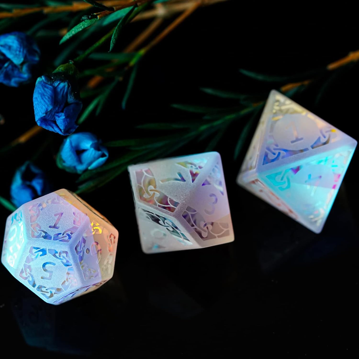 UDIXI Juego de dados DND de vidrio prisma, 7 piezas de dados de vidrio esmerilado D y D para juegos de mesa de Calabozos y Dragones D&D (vidrio de