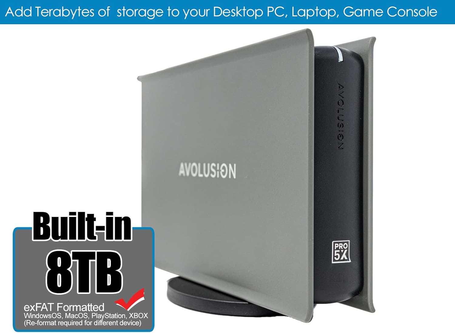 Avolusion PRO-5X – Disco duro externo USB 3.0 de 8 TB para PC, Mac, PS y Xbox (gris)