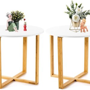 Giantex Mesa auxiliar redonda, juego de 2 mesas auxiliares con patas de bambú, mesita de noche con base en forma de X y borde liso, adecuada para Giantex Mesa auxiliar redonda, juego de 2 mesas auxiliares con patas de bambú, mesita de noche con base en forma de X y borde liso, adecuada para