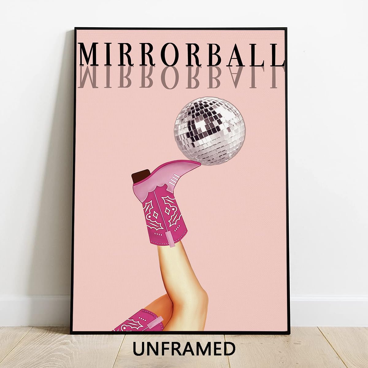 Cyprethy Funky Mirrorball – Lienzo decorativo para pared, póster de decoración de botas de vaquera occidental, arte de pared femenino rosa intenso,