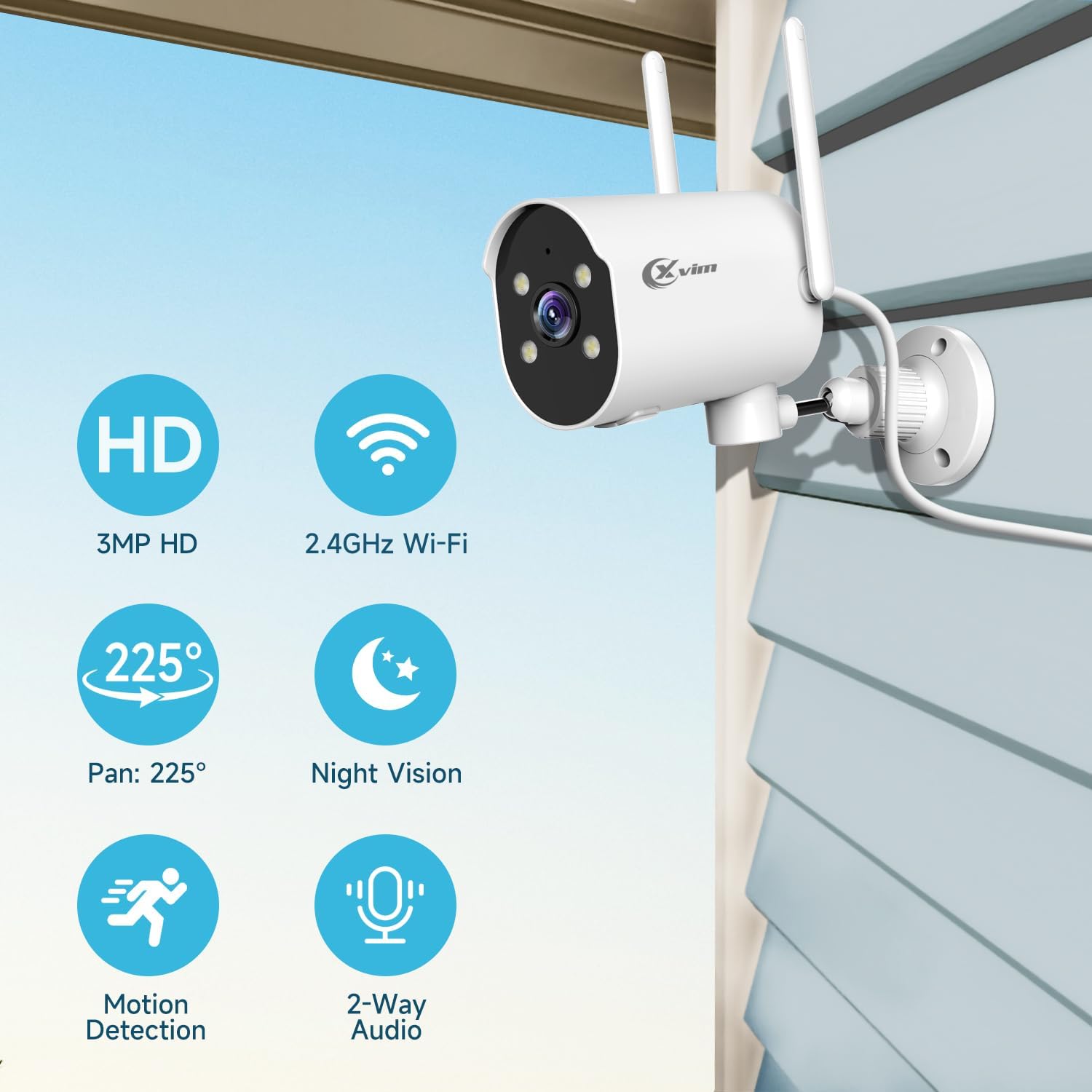 XVIM Cámara de seguridad 2K para exteriores, cámaras de seguridad WiFi IP65, resistente al agua, rotación panorámica de 225, visión nocturna a todo