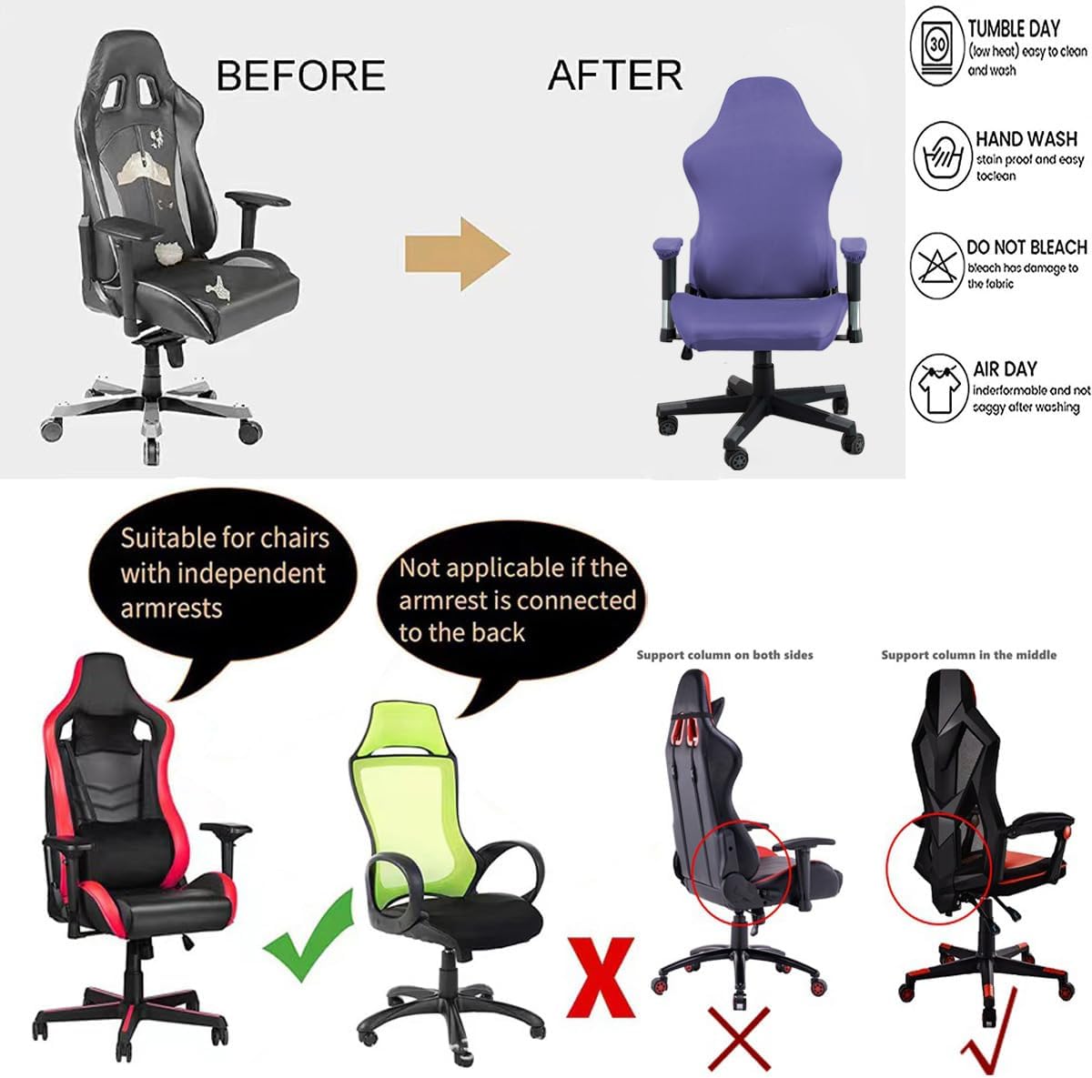 Fundas ergonómicas para silla de oficina con reposabrazos, fundas elásticas repelentes al agua para adultos, videojuegos, reclinables, carreras y