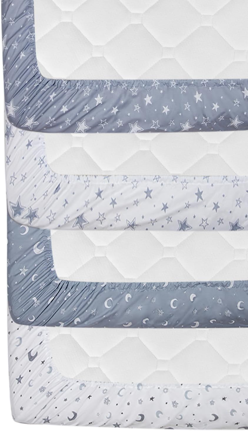 Juego de 4 sábanas bajeras unisex de estrellas y luna para bebés, niños o niñas (sábanas para cuna)
