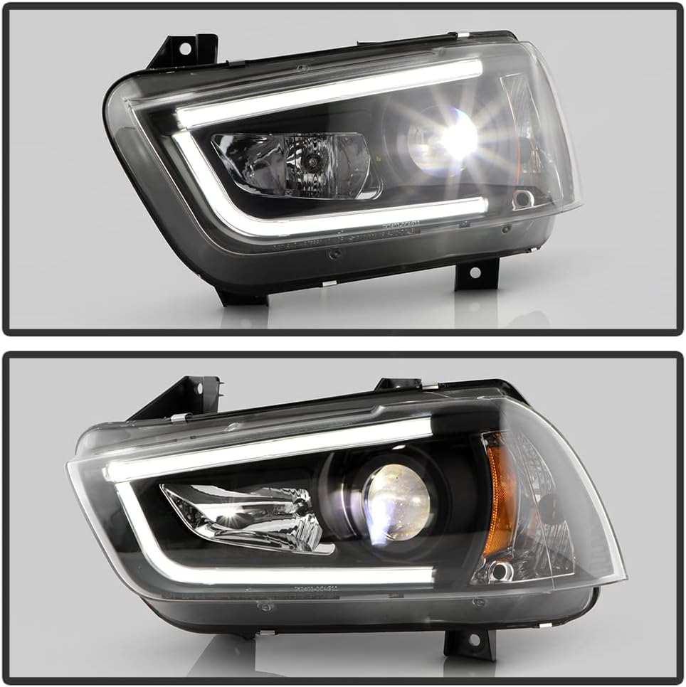 ACANII – Para modelo halógeno 2011-2014 Dodge Charger LED Tubo con proyector LED integrado Faros delanteros izquierdo+derecha, negro ónix con
