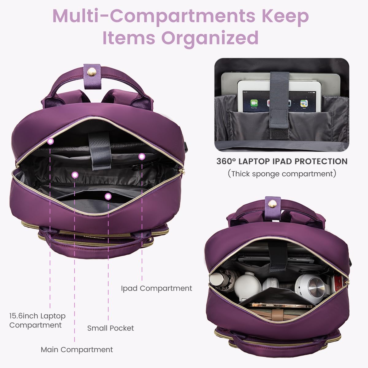LOVEVOOK Mochila para laptop para mujer, mochila de trabajo de moda con puerto USB, mochilas impermeables para el trabajo., Púrpura, Mochila casual
