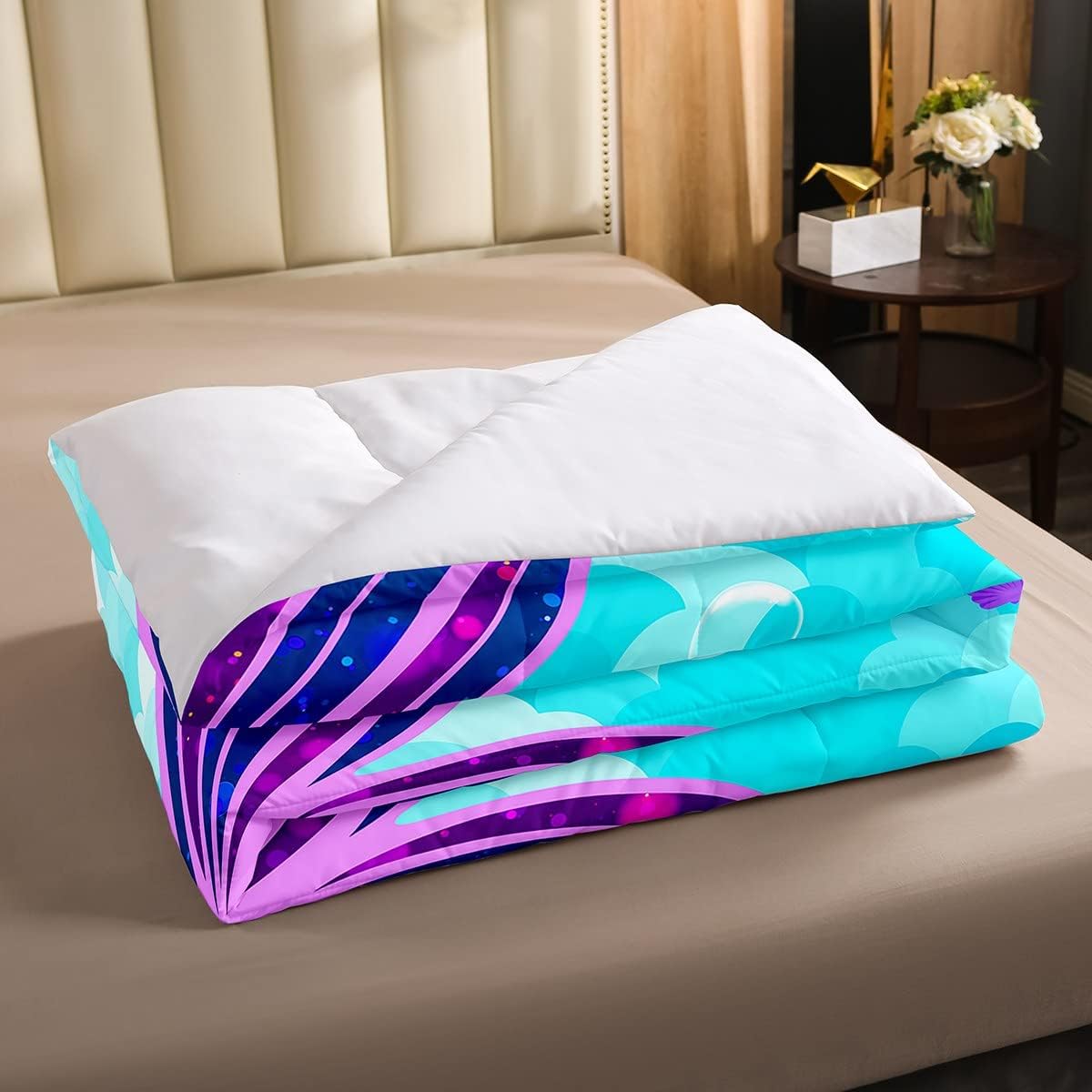Erosebridal Juego de edredón de sirena para niñas, edredón acolchado con escamas de pez azul verdoso, edredón de plumón del mundo submarino para
