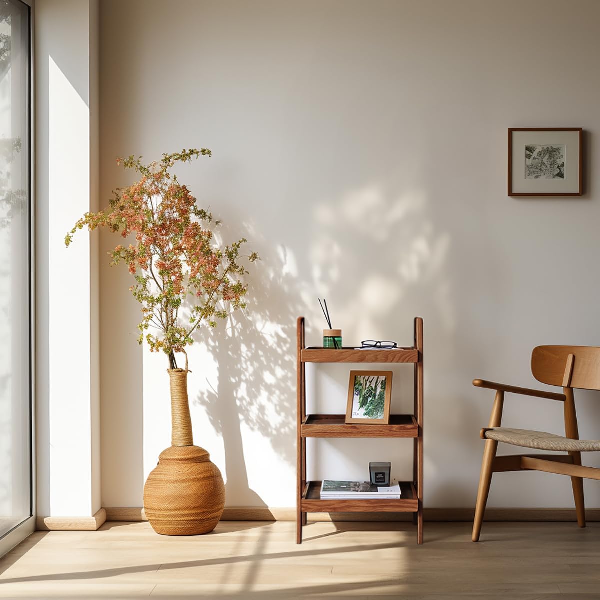 Vadisun Estantería de escalera de madera de roble macizo 100%, estantería de almacenamiento de piso con diseño de deflector de cuatro lados, mesa