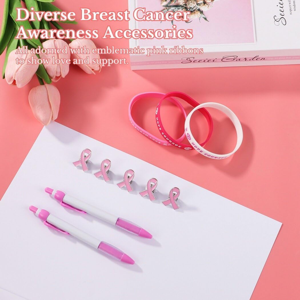 108 piezas de accesorios de concientización sobre el cáncer de mama, bolígrafos de bola con cinta rosa, pulseras de silicona, broches de aleación,