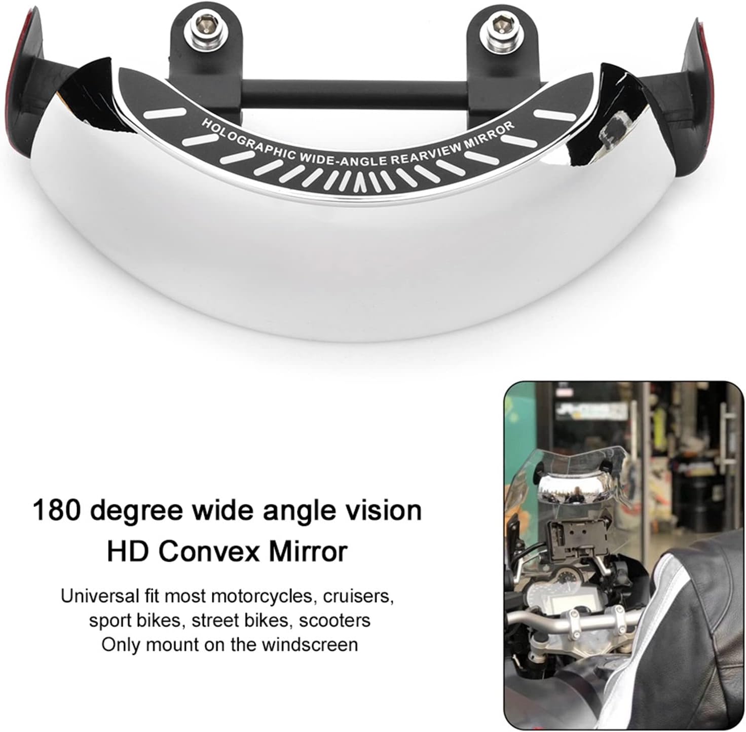 Espejo retrovisor holográfico, espejo retrovisor de motocicleta cromado 180 ultra gran angular, montaje central universal, solo montaje en el