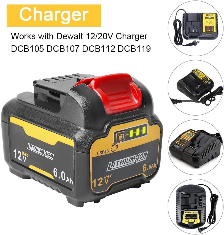 Paquete de 2 baterías de repuesto de 6.0Ah compatibles con Dewalt 12V 6.0Ah para baterías Dewalt de 12 V DCB127 DCD701F2