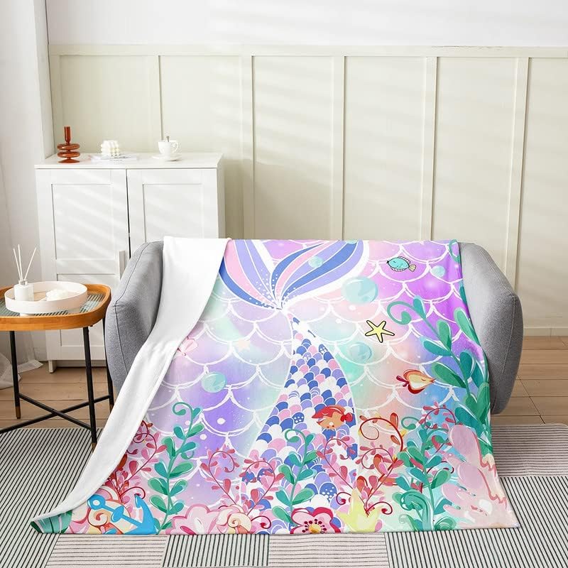 Feelyou Manta de felpa de sirena, para sofá y niños, vida oceánica, de franela de forro polar, juego de manta decorativa de escamas de peces para