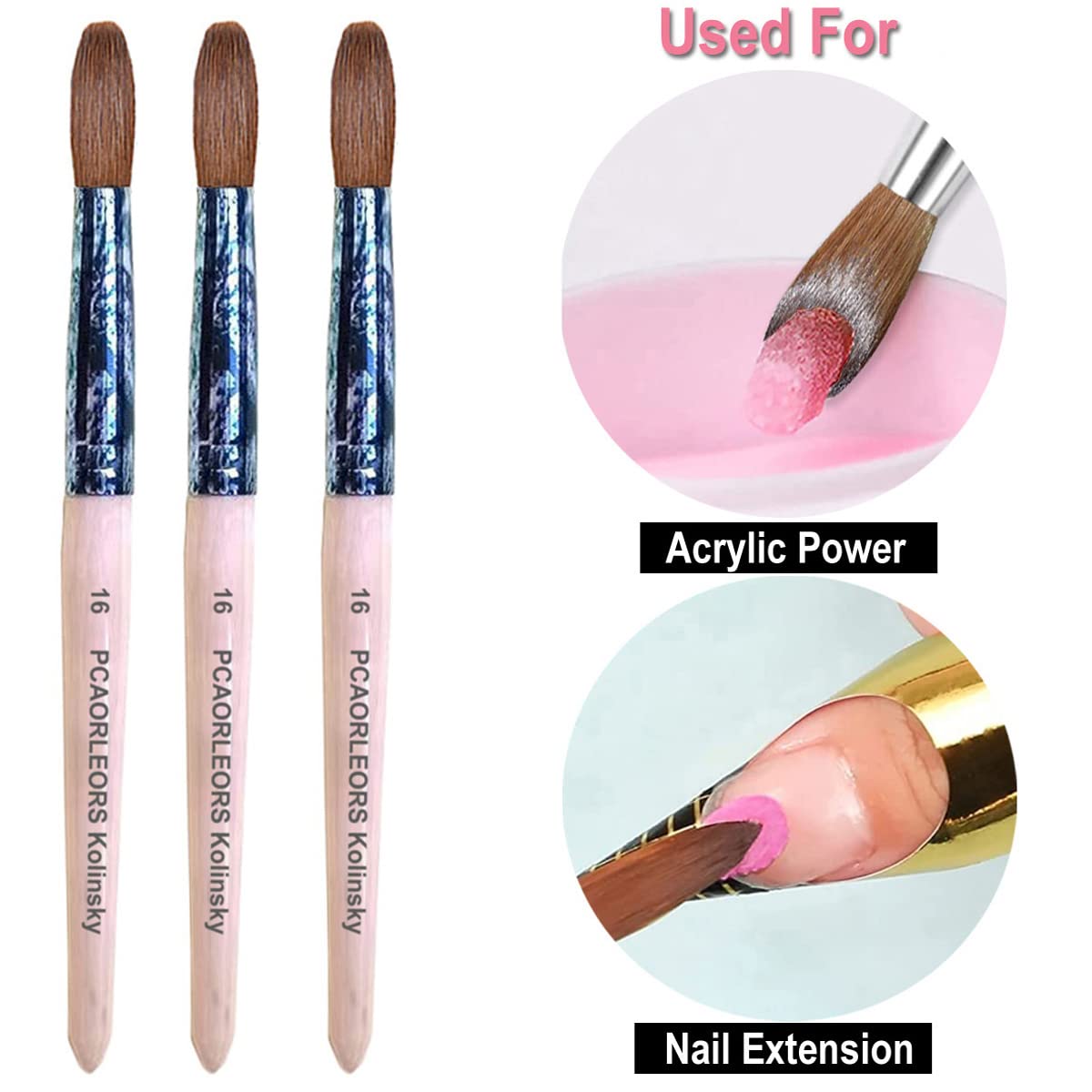 PCUORLEORS Cepillo de uñas acrílicas, cepillo de pelo puro Kolinsky Sable con mano de madera y tubo de cobre de color retro, cepillo de gel redondo