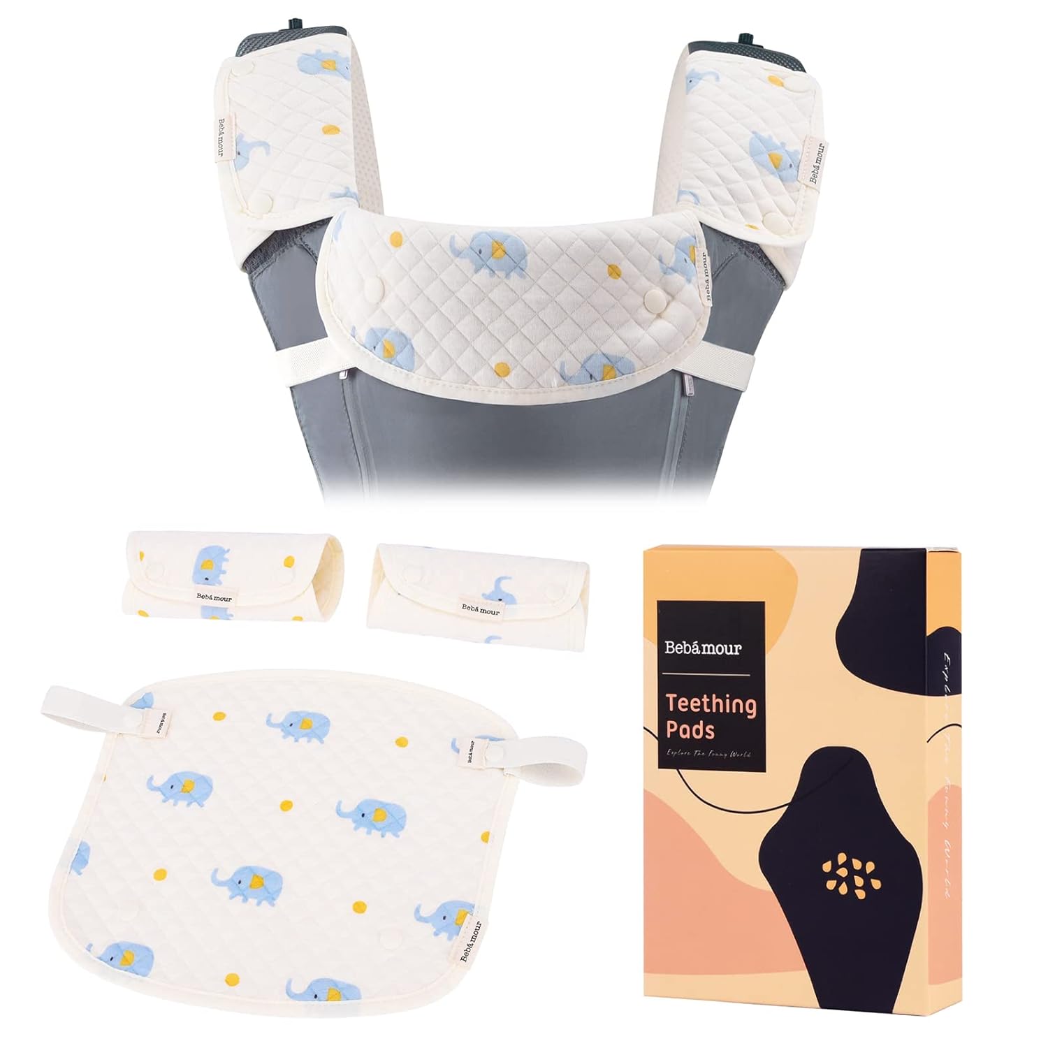 Bebamour Babero reversible de algodón para todas las posiciones de transporte, babero blanco para niños y niñas (elefante)