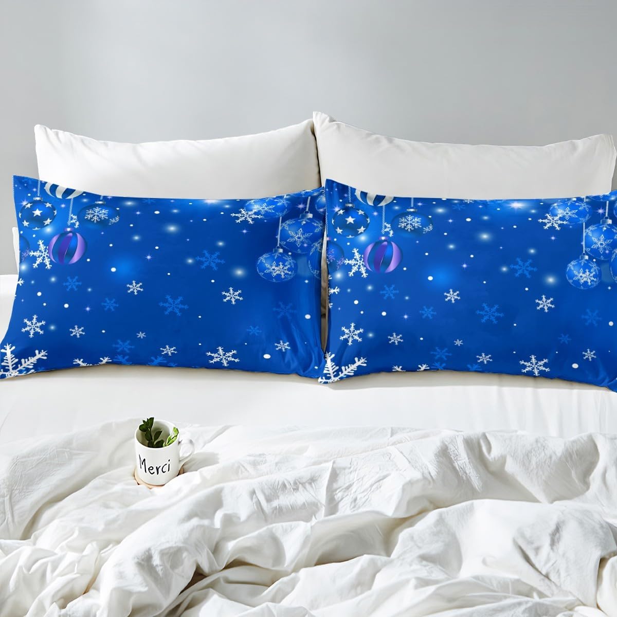 Erosebridal Juego de sábanas con diseño de copo de nieve blanco degradado azul, 4 piezas, sábana bajera ajustable de Feliz Navidad, regalo de Año