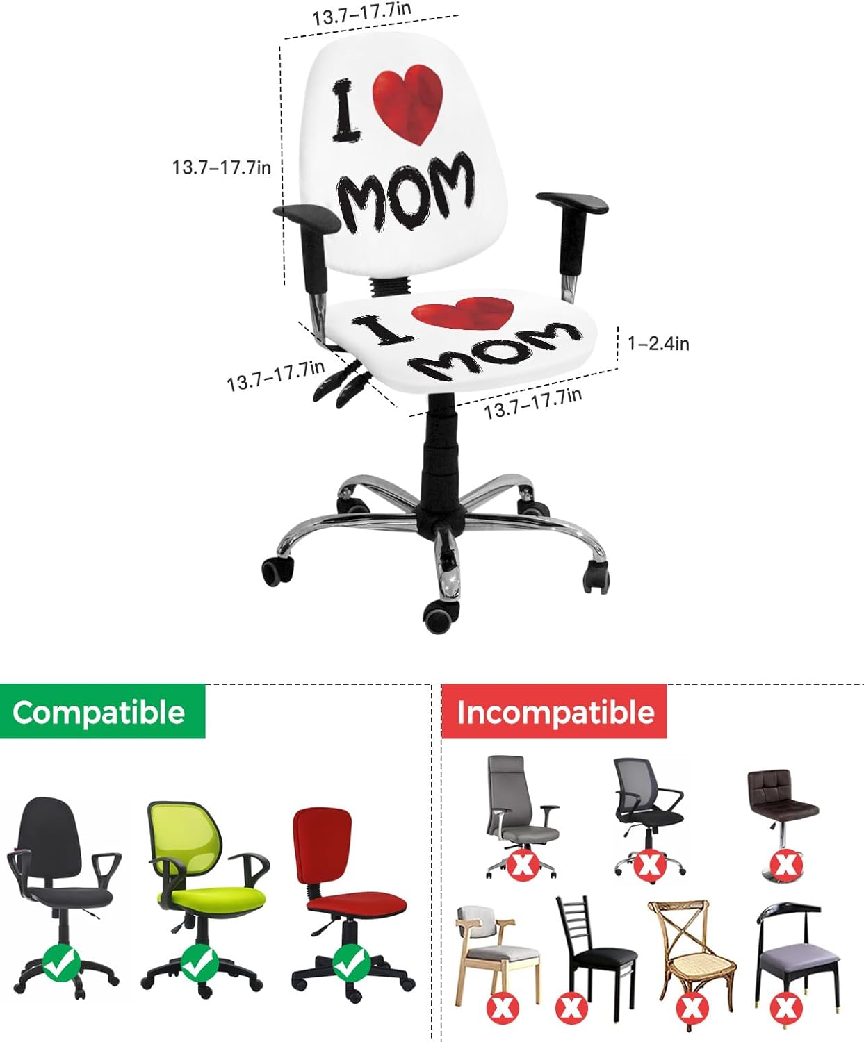 Computer Office Chair Cover Happy Mother’s Day Heart Split Protective Stretchable Rotating Desk Chair Seat Covers I Love Mom Removable Washable