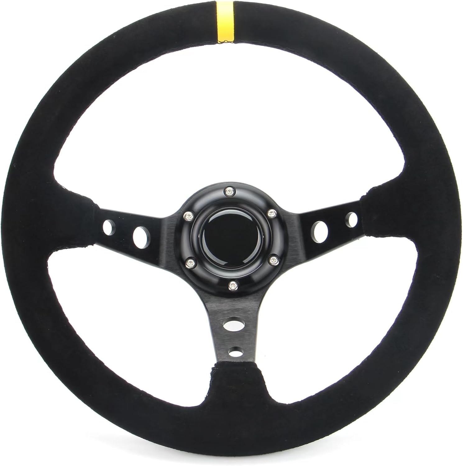 Volante de carreras de rayas amarillas Cuero de gamuza 12.5 “12.598 in Radios de aluminio Drifting Deep Dish Volante deportivo con botón de cuerno