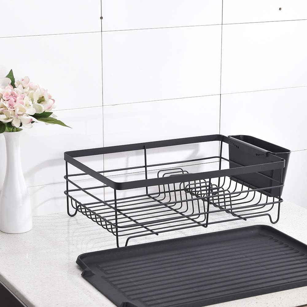 Escurridor de platos, estante grande para secar platos de cocina, estante de platos de metal, estante de secado con escurridor negro, caja de