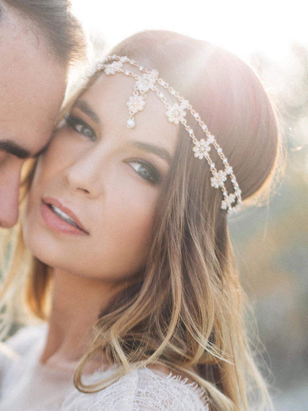 WOVOWOVO Joyas para la cabeza para mujer, cadena de cabeza plateada, joyería para el cabello, diademas de boda bohemias para novia, accesorios para