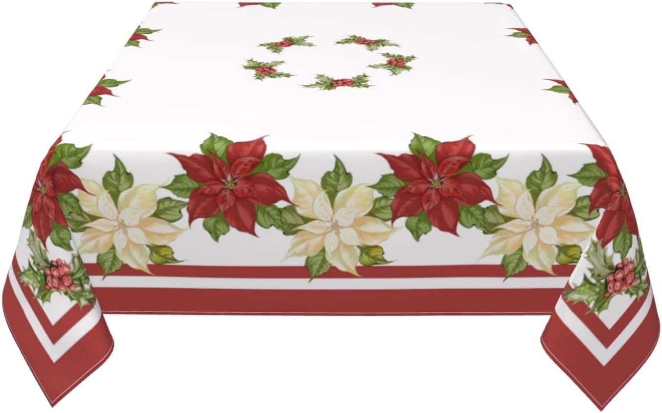 AGAYNA Mantel cuadrado de Navidad de 54 x 54 pulgadas, mantel floral de flor de pascua rojo y blanco, resistente a las manchas, mantel de Navidad