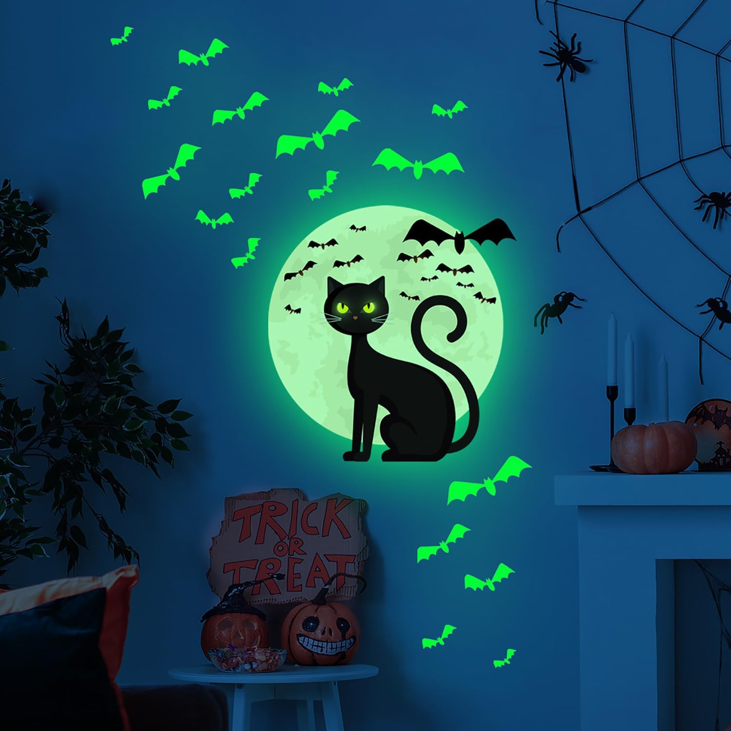 Calcomanías de pared de Halloween que brillan en la oscuridad, calcomanías de pared de Halloween, calcomanías de pared luminosas de gato,