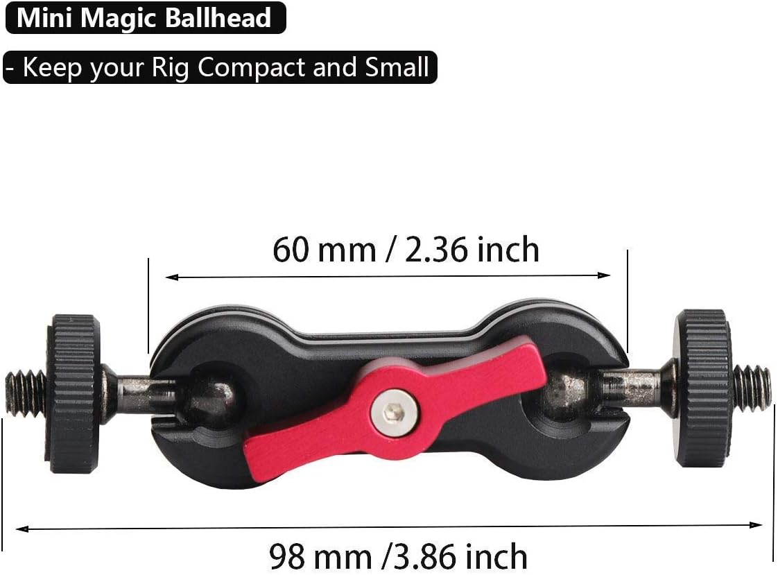 Mini abrazadera de brazo mágico articulado con doble cabeza de bola de 14-20 para monitorluzMIc, con hilos finos y arandelas (3.9 pulgadas)